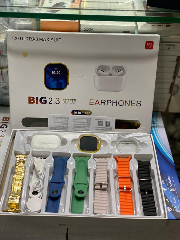 I20 Ultra 3 Max Suit Smart Watch + Earbuds (10 in 1 Set)